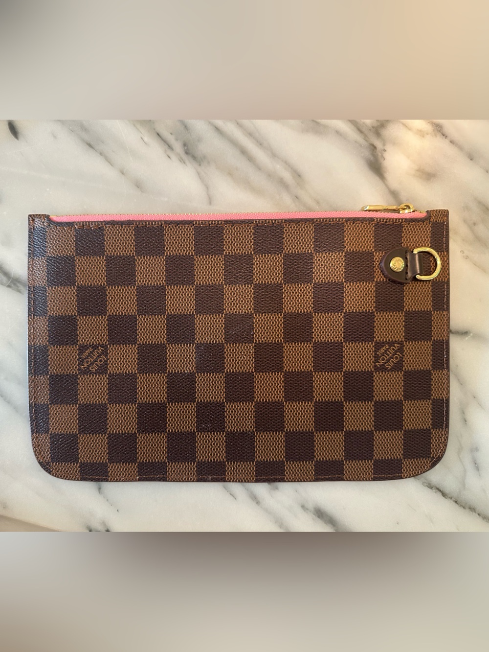 Louis Vuitton Brown Checker Zip Pouch with Pink Trim and Gold Hardware